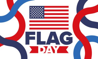 ABD 'de Ulusal Bayrak Günü. ABD 'de yıllık 14 Haziran tatili kutlandı. Amerikan bayrağıyla vatansever tarzı tasarım. Poster, tebrik kartı, afiş ve geçmiş. Vektör illüstrasyonu