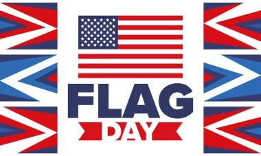 ABD 'de Ulusal Bayrak Günü. ABD 'de yıllık 14 Haziran tatili kutlandı. Amerikan bayrağıyla vatansever tarzı tasarım. Poster, tebrik kartı, afiş ve geçmiş. Vektör illüstrasyonu