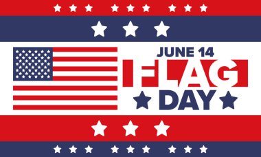ABD 'de Ulusal Bayrak Günü. ABD 'de yıllık 14 Haziran tatili kutlandı. Amerikan bayrağıyla vatansever tarzı tasarım. Poster, tebrik kartı, afiş ve geçmiş. Vektör illüstrasyonu