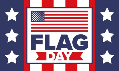 ABD 'de Ulusal Bayrak Günü. ABD 'de yıllık 14 Haziran tatili kutlandı. Amerikan bayrağıyla vatansever tarzı tasarım. Poster, tebrik kartı, afiş ve geçmiş. Vektör illüstrasyonu