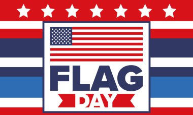 ABD 'de Ulusal Bayrak Günü. ABD 'de yıllık 14 Haziran tatili kutlandı. Amerikan bayrağıyla vatansever tarzı tasarım. Poster, tebrik kartı, afiş ve geçmiş. Vektör illüstrasyonu