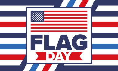 ABD 'de Ulusal Bayrak Günü. ABD 'de yıllık 14 Haziran tatili kutlandı. Amerikan bayrağıyla vatansever tarzı tasarım. Poster, tebrik kartı, afiş ve geçmiş. Vektör illüstrasyonu