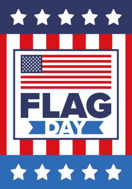 ABD 'de Ulusal Bayrak Günü. ABD 'de yıllık 14 Haziran tatili kutlandı. Amerikan bayrağıyla vatansever tarzı tasarım. Poster, tebrik kartı, afiş ve geçmiş. Vektör illüstrasyonu