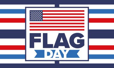 ABD 'de Ulusal Bayrak Günü. ABD 'de yıllık 14 Haziran tatili kutlandı. Amerikan bayrağıyla vatansever tarzı tasarım. Poster, tebrik kartı, afiş ve geçmiş. Vektör illüstrasyonu