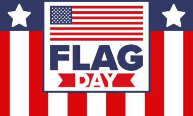 ABD 'de Ulusal Bayrak Günü. ABD 'de yıllık 14 Haziran tatili kutlandı. Amerikan bayrağıyla vatansever tarzı tasarım. Poster, tebrik kartı, afiş ve geçmiş. Vektör illüstrasyonu