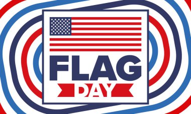 ABD 'de Ulusal Bayrak Günü. ABD 'de yıllık 14 Haziran tatili kutlandı. Amerikan bayrağıyla vatansever tarzı tasarım. Poster, tebrik kartı, afiş ve geçmiş. Vektör illüstrasyonu