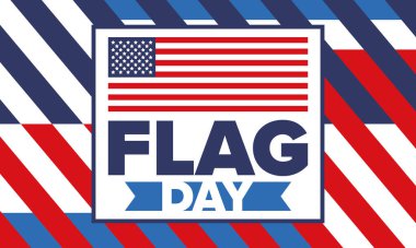 ABD 'de Ulusal Bayrak Günü. ABD 'de yıllık 14 Haziran tatili kutlandı. Amerikan bayrağıyla vatansever tarzı tasarım. Poster, tebrik kartı, afiş ve geçmiş. Vektör illüstrasyonu