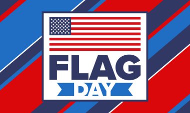 ABD 'de Ulusal Bayrak Günü. ABD 'de yıllık 14 Haziran tatili kutlandı. Amerikan bayrağıyla vatansever tarzı tasarım. Poster, tebrik kartı, afiş ve geçmiş. Vektör illüstrasyonu