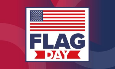 ABD 'de Ulusal Bayrak Günü. ABD 'de yıllık 14 Haziran tatili kutlandı. Amerikan bayrağıyla vatansever tarzı tasarım. Poster, tebrik kartı, afiş ve geçmiş. Vektör illüstrasyonu