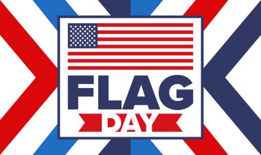 ABD 'de Ulusal Bayrak Günü. ABD 'de yıllık 14 Haziran tatili kutlandı. Amerikan bayrağıyla vatansever tarzı tasarım. Poster, tebrik kartı, afiş ve geçmiş. Vektör illüstrasyonu