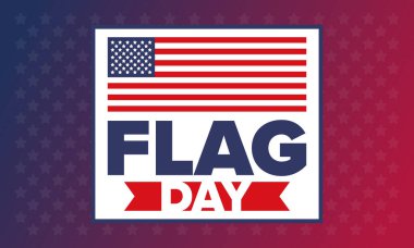 ABD 'de Ulusal Bayrak Günü. ABD 'de yıllık 14 Haziran tatili kutlandı. Amerikan bayrağıyla vatansever tarzı tasarım. Poster, tebrik kartı, afiş ve geçmiş. Vektör illüstrasyonu