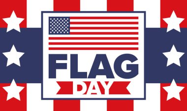 ABD 'de Ulusal Bayrak Günü. ABD 'de yıllık 14 Haziran tatili kutlandı. Amerikan bayrağıyla vatansever tarzı tasarım. Poster, tebrik kartı, afiş ve geçmiş. Vektör illüstrasyonu