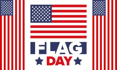 ABD 'de Ulusal Bayrak Günü. ABD 'de yıllık 14 Haziran tatili kutlandı. Amerikan bayrağıyla vatansever tarzı tasarım. Poster, tebrik kartı, afiş ve geçmiş. Vektör illüstrasyonu