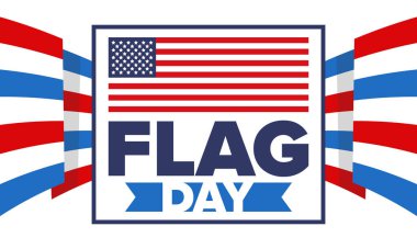 ABD 'de Ulusal Bayrak Günü. ABD 'de yıllık 14 Haziran tatili kutlandı. Amerikan bayrağıyla vatansever tarzı tasarım. Poster, tebrik kartı, afiş ve geçmiş. Vektör illüstrasyonu