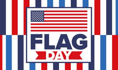 ABD 'de Ulusal Bayrak Günü. ABD 'de yıllık 14 Haziran tatili kutlandı. Amerikan bayrağıyla vatansever tarzı tasarım. Poster, tebrik kartı, afiş ve geçmiş. Vektör illüstrasyonu