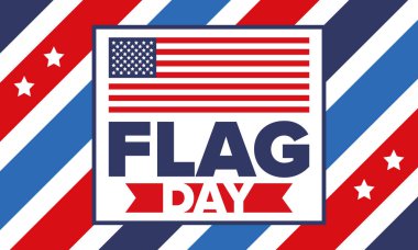 ABD 'de Ulusal Bayrak Günü. ABD 'de yıllık 14 Haziran tatili kutlandı. Amerikan bayrağıyla vatansever tarzı tasarım. Poster, tebrik kartı, afiş ve geçmiş. Vektör illüstrasyonu