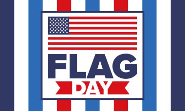 ABD 'de Ulusal Bayrak Günü. ABD 'de yıllık 14 Haziran tatili kutlandı. Amerikan bayrağıyla vatansever tarzı tasarım. Poster, tebrik kartı, afiş ve geçmiş. Vektör illüstrasyonu