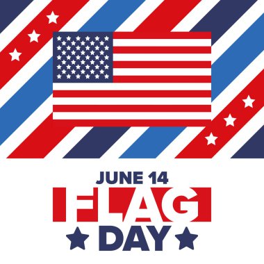 ABD 'de Ulusal Bayrak Günü. ABD 'de yıllık 14 Haziran tatili kutlandı. Amerikan bayrağıyla vatansever tarzı tasarım. Poster, tebrik kartı, afiş ve geçmiş. Vektör illüstrasyonu