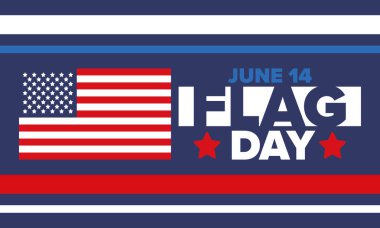 ABD 'de Ulusal Bayrak Günü. ABD 'de yıllık 14 Haziran tatili kutlandı. Amerikan bayrağıyla vatansever tarzı tasarım. Poster, tebrik kartı, afiş ve geçmiş. Vektör illüstrasyonu