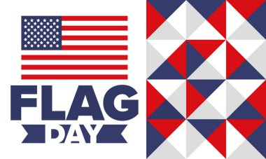 ABD 'de Ulusal Bayrak Günü. ABD 'de yıllık 14 Haziran tatili kutlandı. Amerikan bayrağıyla vatansever tarzı tasarım. Poster, tebrik kartı, afiş ve geçmiş. Vektör illüstrasyonu