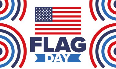 ABD 'de Ulusal Bayrak Günü. ABD 'de yıllık 14 Haziran tatili kutlandı. Amerikan bayrağıyla vatansever tarzı tasarım. Poster, tebrik kartı, afiş ve geçmiş. Vektör illüstrasyonu