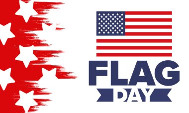 ABD 'de Ulusal Bayrak Günü. ABD 'de yıllık 14 Haziran tatili kutlandı. Amerikan bayrağıyla vatansever tarzı tasarım. Poster, tebrik kartı, afiş ve geçmiş. Vektör illüstrasyonu