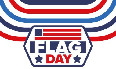 ABD 'de Ulusal Bayrak Günü. ABD 'de yıllık 14 Haziran tatili kutlandı. Amerikan bayrağıyla vatansever tarzı tasarım. Poster, tebrik kartı, afiş ve geçmiş. Vektör illüstrasyonu