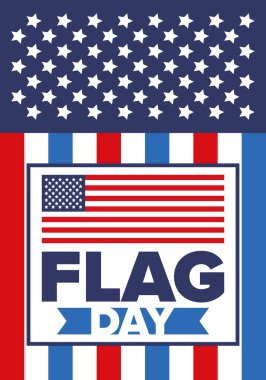 ABD 'de Ulusal Bayrak Günü. ABD 'de yıllık 14 Haziran tatili kutlandı. Amerikan bayrağıyla vatansever tarzı tasarım. Poster, tebrik kartı, afiş ve geçmiş. Vektör illüstrasyonu