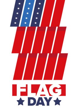 ABD 'de Ulusal Bayrak Günü. ABD 'de yıllık 14 Haziran tatili kutlandı. Amerikan bayrağıyla vatansever tarzı tasarım. Poster, tebrik kartı, afiş ve geçmiş. Vektör illüstrasyonu
