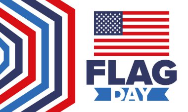 ABD 'de Ulusal Bayrak Günü. ABD 'de yıllık 14 Haziran tatili kutlandı. Amerikan bayrağıyla vatansever tarzı tasarım. Poster, tebrik kartı, afiş ve geçmiş. Vektör illüstrasyonu