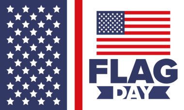 ABD 'de Ulusal Bayrak Günü. ABD 'de yıllık 14 Haziran tatili kutlandı. Amerikan bayrağıyla vatansever tarzı tasarım. Poster, tebrik kartı, afiş ve geçmiş. Vektör illüstrasyonu