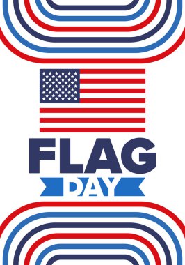 ABD 'de Ulusal Bayrak Günü. ABD 'de yıllık 14 Haziran tatili kutlandı. Amerikan bayrağıyla vatansever tarzı tasarım. Poster, tebrik kartı, afiş ve geçmiş. Vektör illüstrasyonu