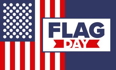 ABD 'de Ulusal Bayrak Günü. ABD 'de yıllık 14 Haziran tatili kutlandı. Amerikan bayrağıyla vatansever tarzı tasarım. Poster, tebrik kartı, afiş ve geçmiş. Vektör illüstrasyonu