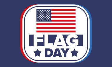 ABD 'de Ulusal Bayrak Günü. ABD 'de yıllık 14 Haziran tatili kutlandı. Amerikan bayrağıyla vatansever tarzı tasarım. Poster, tebrik kartı, afiş ve geçmiş. Vektör illüstrasyonu