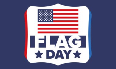 ABD 'de Ulusal Bayrak Günü. ABD 'de yıllık 14 Haziran tatili kutlandı. Amerikan bayrağıyla vatansever tarzı tasarım. Poster, tebrik kartı, afiş ve geçmiş. Vektör illüstrasyonu