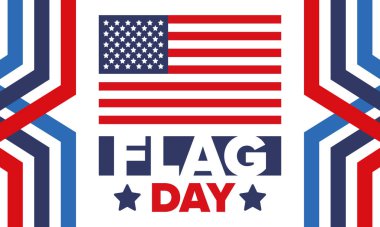 ABD 'de Ulusal Bayrak Günü. ABD 'de yıllık 14 Haziran tatili kutlandı. Amerikan bayrağıyla vatansever tarzı tasarım. Poster, tebrik kartı, afiş ve geçmiş. Vektör illüstrasyonu