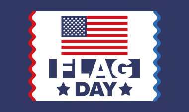 ABD 'de Ulusal Bayrak Günü. ABD 'de yıllık 14 Haziran tatili kutlandı. Amerikan bayrağıyla vatansever tarzı tasarım. Poster, tebrik kartı, afiş ve geçmiş. Vektör illüstrasyonu