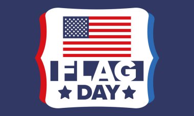 ABD 'de Ulusal Bayrak Günü. ABD 'de yıllık 14 Haziran tatili kutlandı. Amerikan bayrağıyla vatansever tarzı tasarım. Poster, tebrik kartı, afiş ve geçmiş. Vektör illüstrasyonu