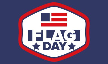 ABD 'de Ulusal Bayrak Günü. ABD 'de yıllık 14 Haziran tatili kutlandı. Amerikan bayrağıyla vatansever tarzı tasarım. Poster, tebrik kartı, afiş ve geçmiş. Vektör illüstrasyonu