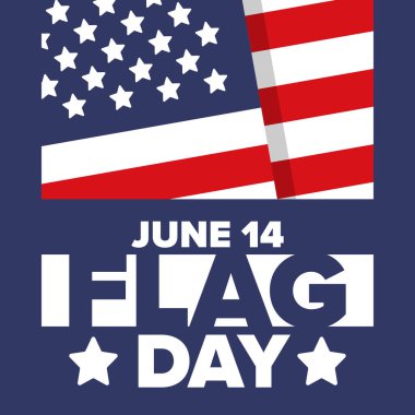 ABD 'de Ulusal Bayrak Günü. ABD 'de yıllık 14 Haziran tatili kutlandı. Amerikan bayrağıyla vatansever tarzı tasarım. Poster, tebrik kartı, afiş ve geçmiş. Vektör illüstrasyonu
