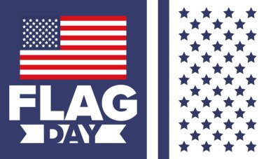 ABD 'de Ulusal Bayrak Günü. ABD 'de yıllık 14 Haziran tatili kutlandı. Amerikan bayrağıyla vatansever tarzı tasarım. Poster, tebrik kartı, afiş ve geçmiş. Vektör illüstrasyonu