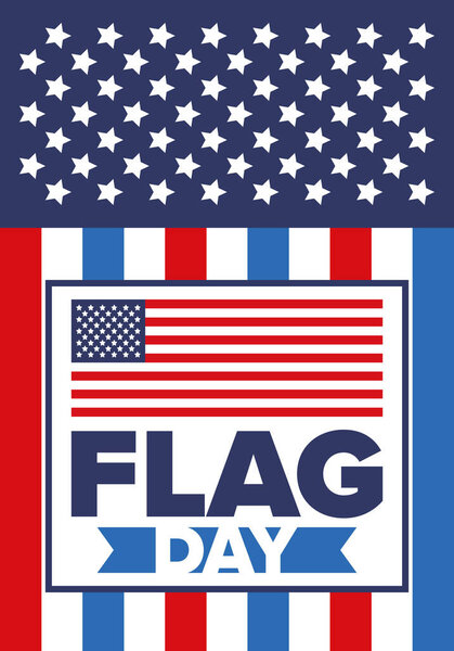 День Государственного флага США. Праздник отмечается ежегодно 14 июня в США. Патриотический дизайн с американским флагом. Плакат, открытка, баннер и фон. Векторная иллюстрация