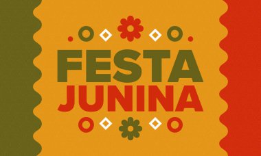 Brezilya 'daki Festa Junina. Brezilya festivali. İyi tatiller. Brezilya bayrağı. Karnaval ve geçit töreni. Yaz eğlencesi partisi. Vektör illüstrasyonu