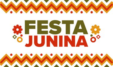 Brezilya 'daki Festa Junina. Brezilya festivali. İyi tatiller. Brezilya bayrağı. Karnaval ve geçit töreni. Yaz eğlencesi partisi. Vektör illüstrasyonu
