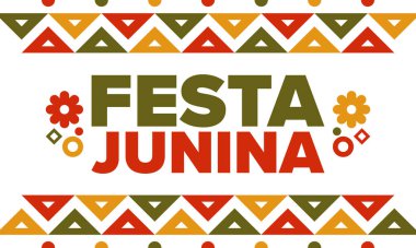 Brezilya 'daki Festa Junina. Brezilya festivali. İyi tatiller. Brezilya bayrağı. Karnaval ve geçit töreni. Yaz eğlencesi partisi. Vektör illüstrasyonu