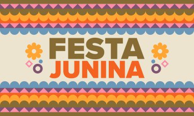 Brezilya 'daki Festa Junina. Brezilya festivali. İyi tatiller. Brezilya bayrağı. Karnaval ve geçit töreni. Yaz eğlencesi partisi. Vektör illüstrasyonu