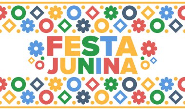 Brezilya 'daki Festa Junina. Brezilya festivali. İyi tatiller. Brezilya bayrağı. Karnaval ve geçit töreni. Yaz eğlencesi partisi. Vektör illüstrasyonu