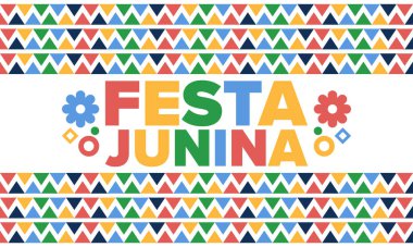 Brezilya 'daki Festa Junina. Brezilya festivali. İyi tatiller. Brezilya bayrağı. Karnaval ve geçit töreni. Yaz eğlencesi partisi. Vektör illüstrasyonu