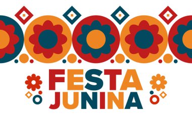 Brezilya 'daki Festa Junina. Brezilya festivali. İyi tatiller. Brezilya bayrağı. Karnaval ve geçit töreni. Yaz eğlencesi partisi. Vektör illüstrasyonu