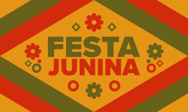 Brezilya 'daki Festa Junina. Brezilya festivali. İyi tatiller. Brezilya bayrağı. Karnaval ve geçit töreni. Yaz eğlencesi partisi. Vektör illüstrasyonu